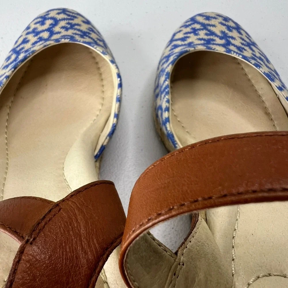 Lands' End Cara Espadrille Wedge Slingback Sandals Ankle Strap Blue Cream Size 7